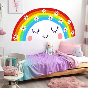 Cartoon rainbow wall sticker with flowers and smiling face for kids room decoration