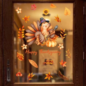 Cartoon turkey with guitar and maple leaves window stickers for Happy Thanksgiving decor