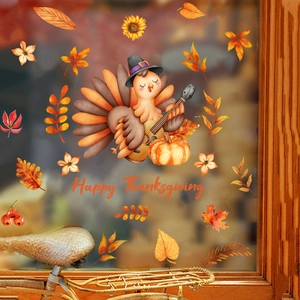 Cartoon turkey with guitar and maple leaves Happy Thanksgiving glass window stickers