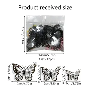 Set of 12 black 3D hollow butterfly wall stickers in three sizes for home wall decoration