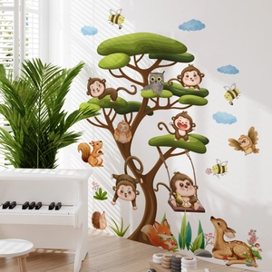 Adesivi Murali Albero Animali Foresta Cartone Animato PVC Decorazione Camera Bambini Scimmia Cervo Gufo Nuvole