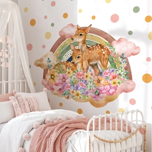 Watercolor Cartoon Fawn Wall Stickers PVC Rainbow Flower Dots Self Adhesive Removable Nursery Kids Room Decor