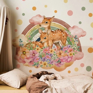 Cartoon rainbow deer and flowers nursery wall stickers with watercolor hand-painted dots