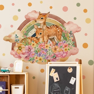 Watercolor cartoon deer and rainbow wall stickers for a cozy nursery room decoration