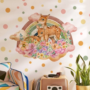Watercolor rainbow deer wall stickers for children's room with floral dots decor