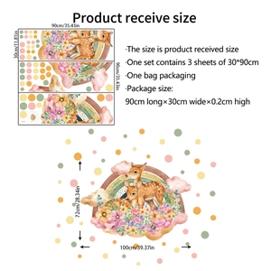 Cartoon rainbow deer wall decal set with floral watercolor accents and dots for kids