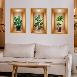 Adesivi murali 3D con piante verdi nordiche e succulente in nicchie di legno per casa