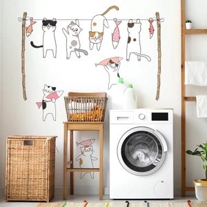Cute Cartoon Cat And Fish Wall Stickers Waterproof PVC Self-Adhesive Decals For Laundry Room Bedroom DIY Home Decor