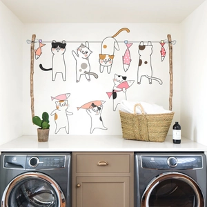 Cartoon cat wall stickers set for laundry room decor with cute hanging kittens and fish