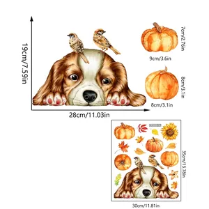 Size guide for autumn static window stickers with puppy and pumpkin theme dimensions