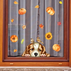 Autumn Window Cling Thanksgiving Decoration Pumpkin Maple Leaf Sunflower Dog Static Sticker For Glass Home Wall Decor