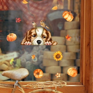 Autumn window clings featuring watercolor puppy, pumpkins, sunflowers and fall maple leaves