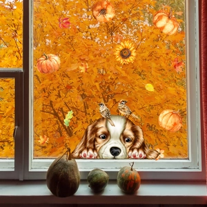 Autumn window clings featuring puppies, pumpkins, and sunflowers for fall home decor