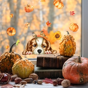 Autumn window stickers featuring puppies, pumpkins, and maple leaves on glass