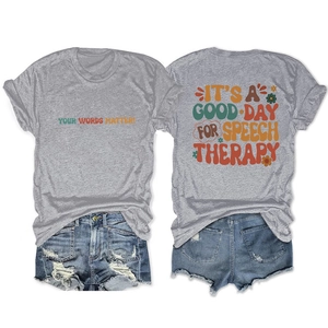 Flat lay view of a grey speech therapy t-shirt showing front and back design with floral art