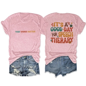 Pink retro t-shirt with speech therapy back print and ripped denim shorts set