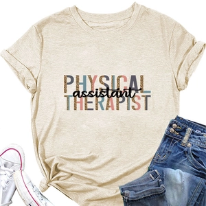 Detail of Physical Assistant Therapist leopard print typography on beige cotton T-shirt