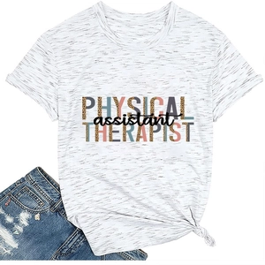 Detail of Physical Assistant Therapist tee featuring leopard print lettering and tied hem