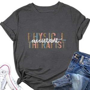 Close-up of Physical Therapist Assistant T-shirt with leopard print text and denim jeans