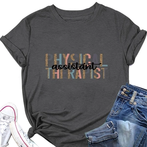 Flat lay of dark grey T-shirt with leopard print Physical Therapist Assistant logo