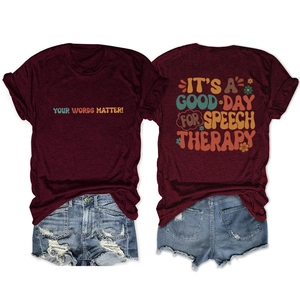 Front and back detail of burgundy t-shirt with speech therapy slogans and denim shorts