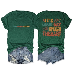 Flat lay of green graphic T-shirt and distressed denim shorts with speech therapy text