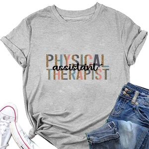 Flat lay of gray Physical Assistant Therapist T-shirt styled with jeans and sneakers