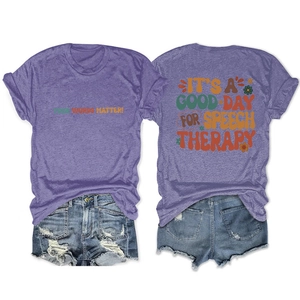 Front and back view of purple heather t-shirt with It's A Good Day floral typography
