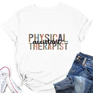 Flat lay of white Physical Assistant Therapist T-shirt with leopard print text design