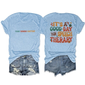 Women's light blue t-shirt and denim shorts set with Good Day and Your Words Matter print