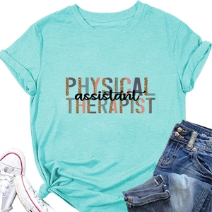 Flat lay of light blue T-shirt with leopard Physical Assistant Therapist print