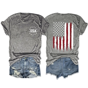 Λεπτομερής μπροστινή και πίσω όψη γκρι t-shirt USA με κλασικό τζιν σορτς σε casual στυλ