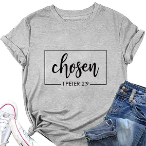 Flat lay of grey crewneck T-shirt with black chosen 1 Peter 2:9 scripture print design