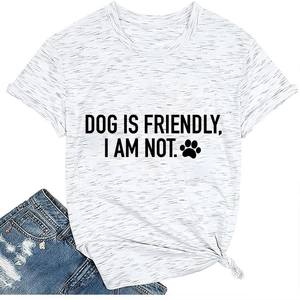 Detail of grey crewneck T-shirt showing knotted hem and 'DOG IS FRIENDLY' printed text
