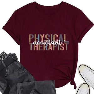Detail of burgundy T-shirt featuring leopard print Physical Therapist lettering art