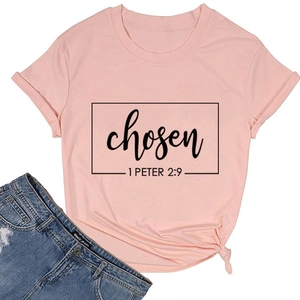 Pink crew neck T-shirt with black chosen 1 Peter 2:9 print and stylish side knot detail