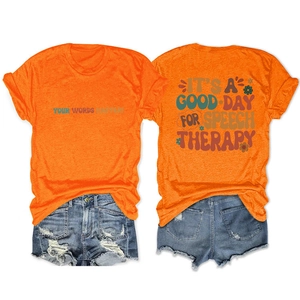 Dual view of orange cotton t-shirt with colorful vintage speech therapy typography