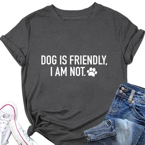 Flat lay of a grey crew neck t-shirt with Dog is Friendly text slogan and casual accessories