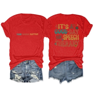 Front and back view of red t-shirt with retro typography and distressed denim shorts