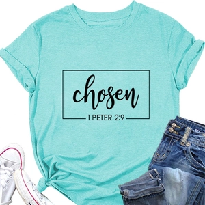 Detail of teal cotton T-shirt featuring black chosen print and 1 PETER 2:9 scripture text