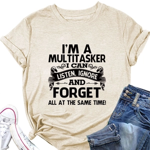 Detail showing beige cotton t-shirt with I'M A MULTITASKER slogan print and crew neck