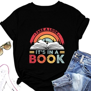 Flat lay of black cotton T-shirt with vintage book graphic and colorful rainbow print