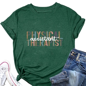 Detailed view of dark green t-shirt with physical assistant therapist leopard print