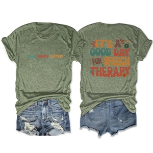 Front and back detail of a green SPEECH THERAPY slogan T-shirt with ripped denim shorts