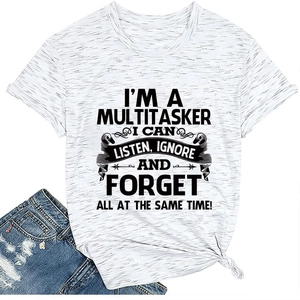 Close-up of the slogan print on white heathered fabric of the casual crew neck t-shirt