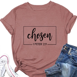 Detail of brick red cotton T-shirt featuring Chosen 1 Peter 2:9 print and knotted hem