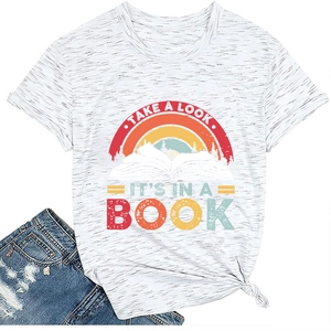Detail of white cotton T-shirt featuring retro rainbow book print and front knot detail