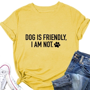 Flat lay of yellow T-shirt with 'DOG IS FRIENDLY' slogan paired with jeans and shoes