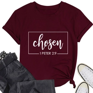 Close-up of burgundy cotton T-shirt featuring Chosen 1 Peter 2:9 printed graphic design