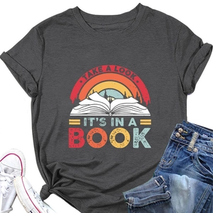 Detail of dark grey crew neck T-shirt with vintage book and rainbow graphic print
